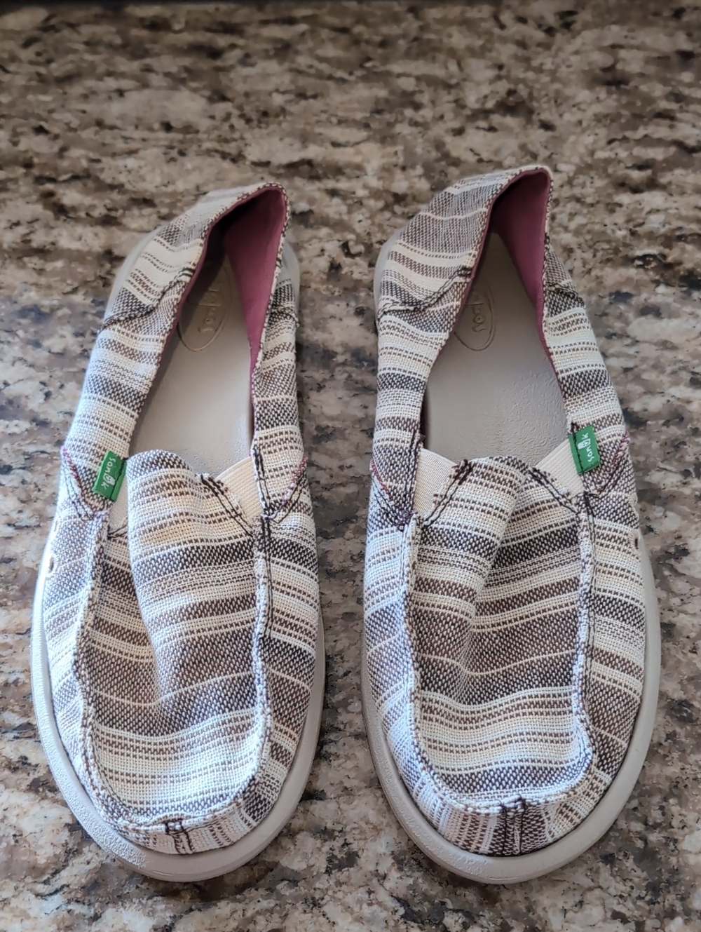 Sanuk Women's Beige, Brown & White Striped Canvas Slip-Ons